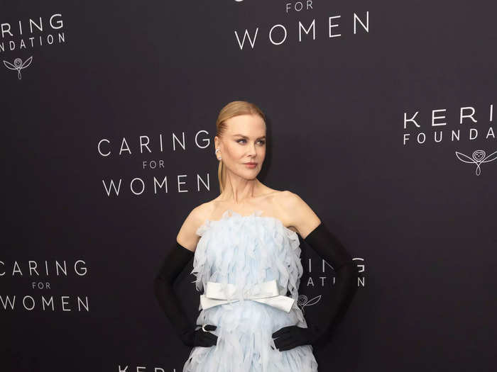 Like several other attendees, Nicole Kidman rocked a Balenciaga look. The strapless dress was covered in ribbons of blue tulle, and it belted with a bow at the waist.