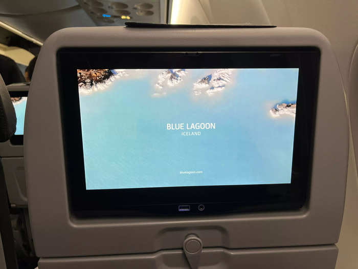 The screen on the back of my seat advertised the Blue Lagoon before playing the safety information video, which got me excited for my visit there.