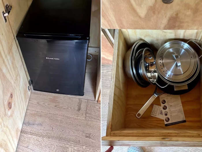 Drawers beneath the kitchen counter housed a mini fridge, sets of cookware, plates, bowls, cutlery, chopping boards – basically everything I needed to whip up several meals for two days.