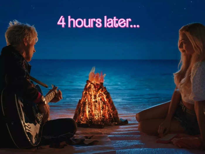 Toward the end of the movie, Ken serenades Barbie by a fire on the beach.