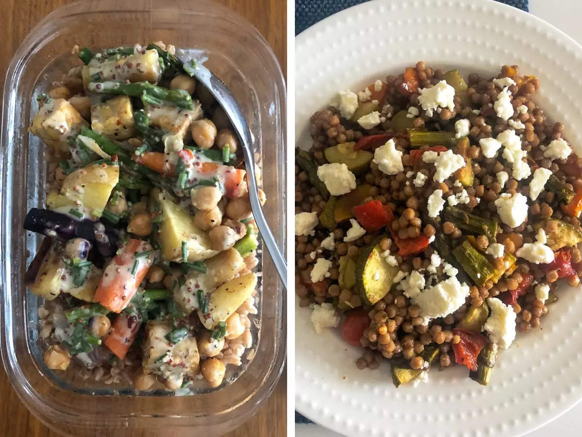 A root vegetable, farro, and chickpea bowl with a homemade chive dressing; A summer grain salad with roasted vegetables, feta, and a simple dressing.