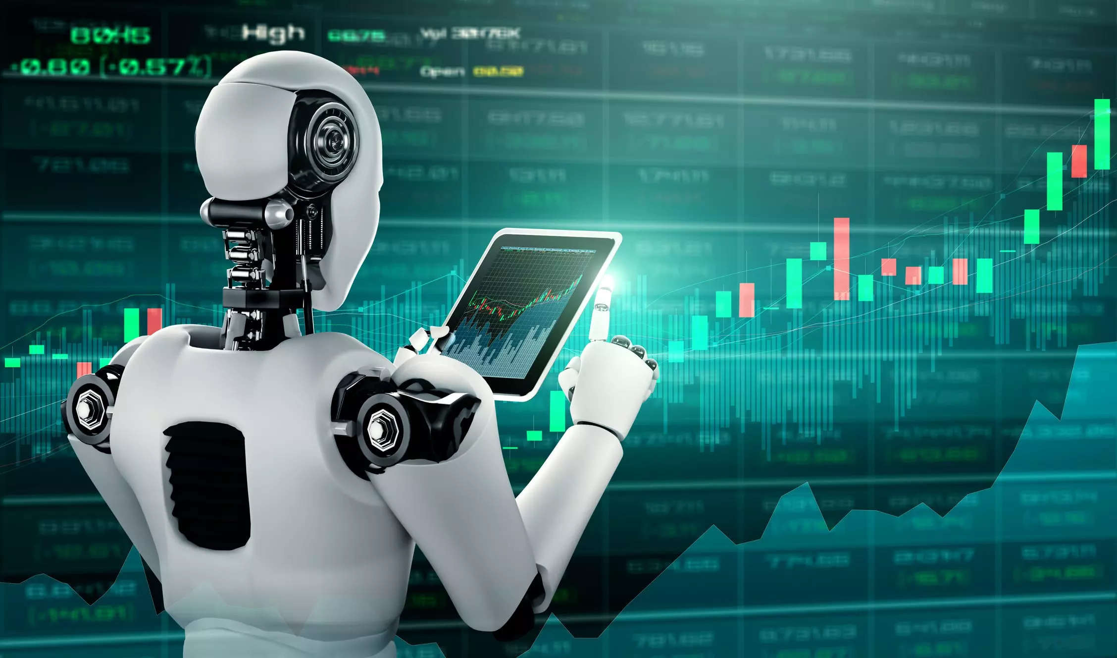A 3D illustration of future financial technology controlled by AI robot using machine learning and artificial intelligence to analyze business data and give advice on investment and trading decisions.