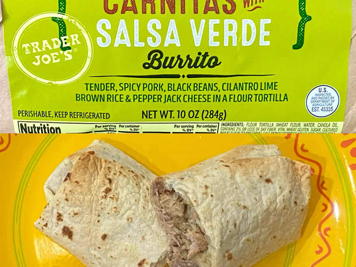 My mama was pleasantly surprised by the fillings in the carnitas with salsa verde burrito.