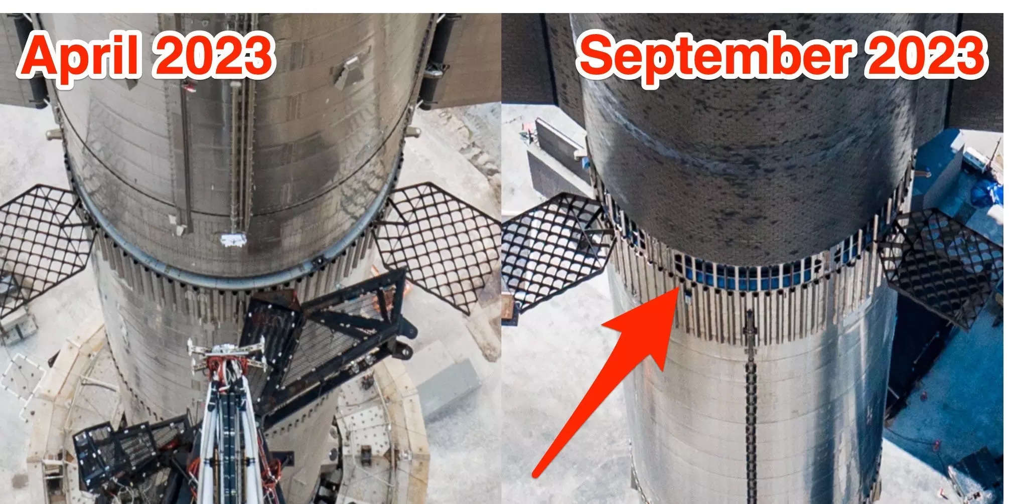 Annotated side-by-side images show a close-up of the connection between the spacecraft and the booster on Starship.