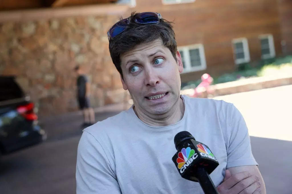 Sam Altman, CEO of OpenAI, speaks to the media as he arrives at the Sun Valley Lodge for the Allen & Company Sun Valley Conference on July 11, 2023 in Sun Valley, Idaho.