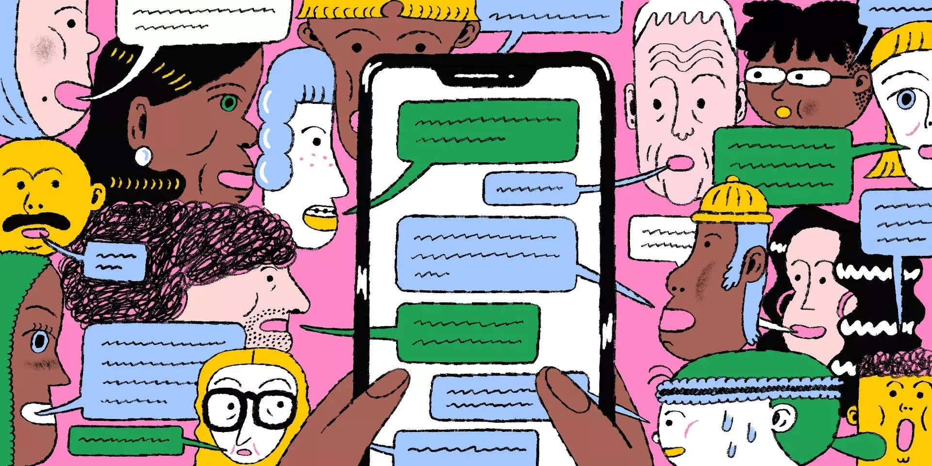 Digital illustration of people all chatting in a group chat