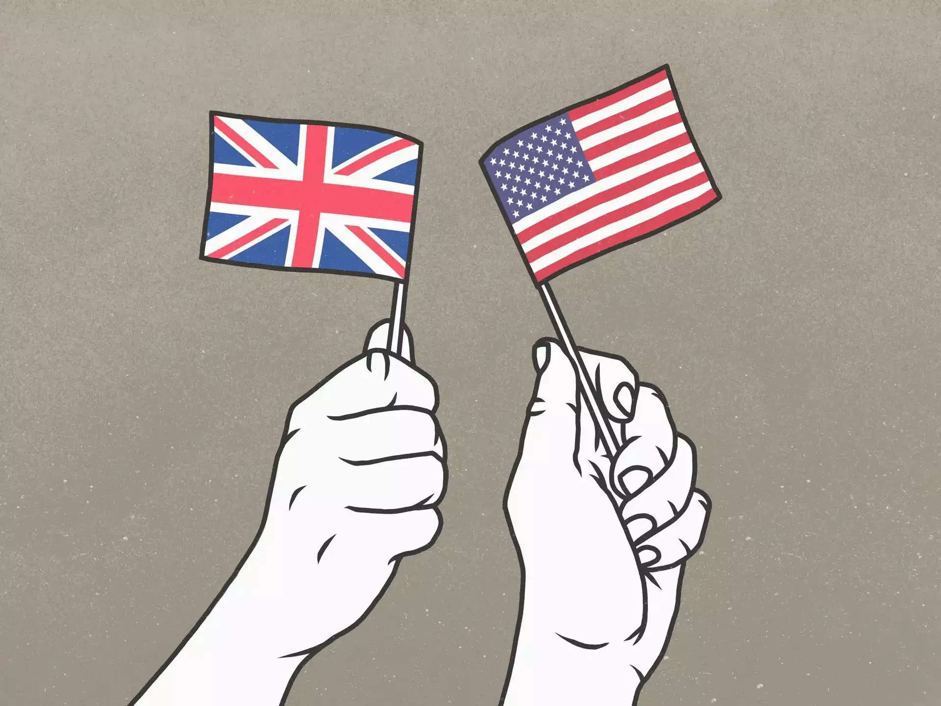 digital illustration of a hand holding a British flag and another hand holding a US flag
