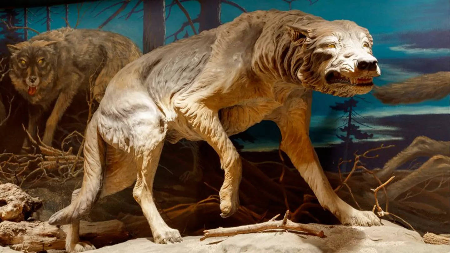 A reconstuction of a dire wolf with another dire wolf in the background at the La Brea Tar Pits and Museum