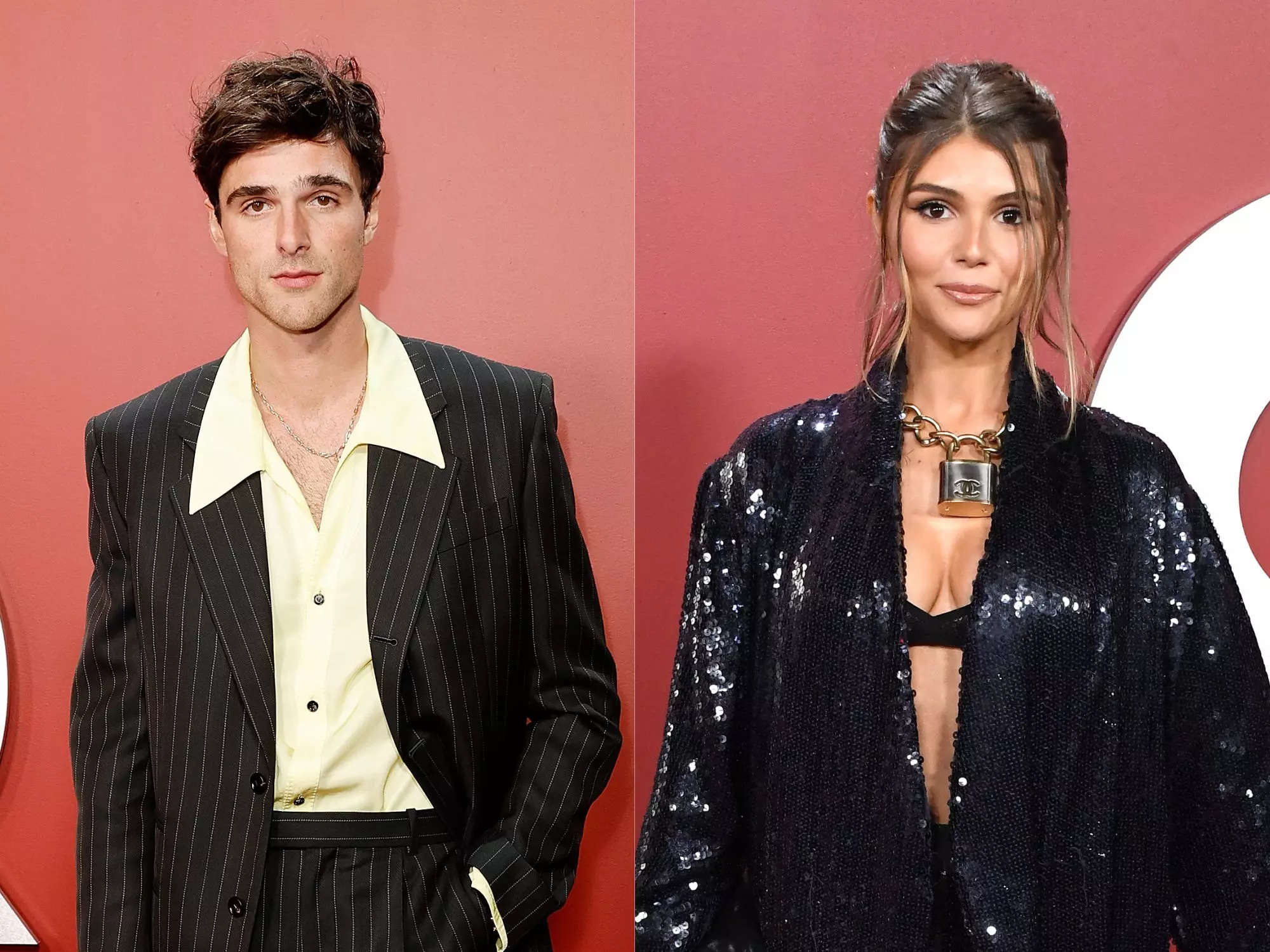 left: jacob elordi in a pinstripe suit; right: olivia jade in a sparkling navy suit