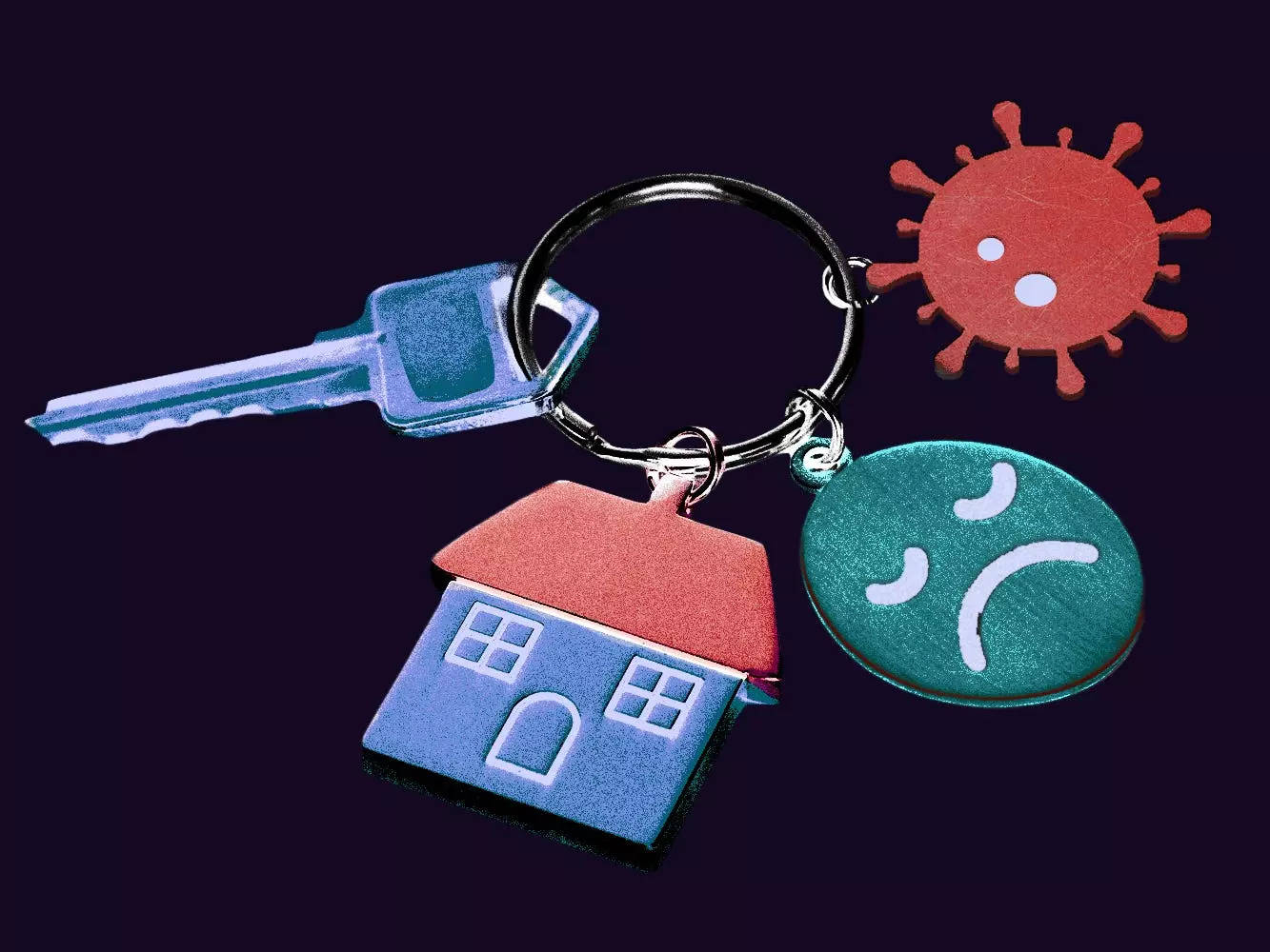 A keychain containing a house, sad face and covid virus.