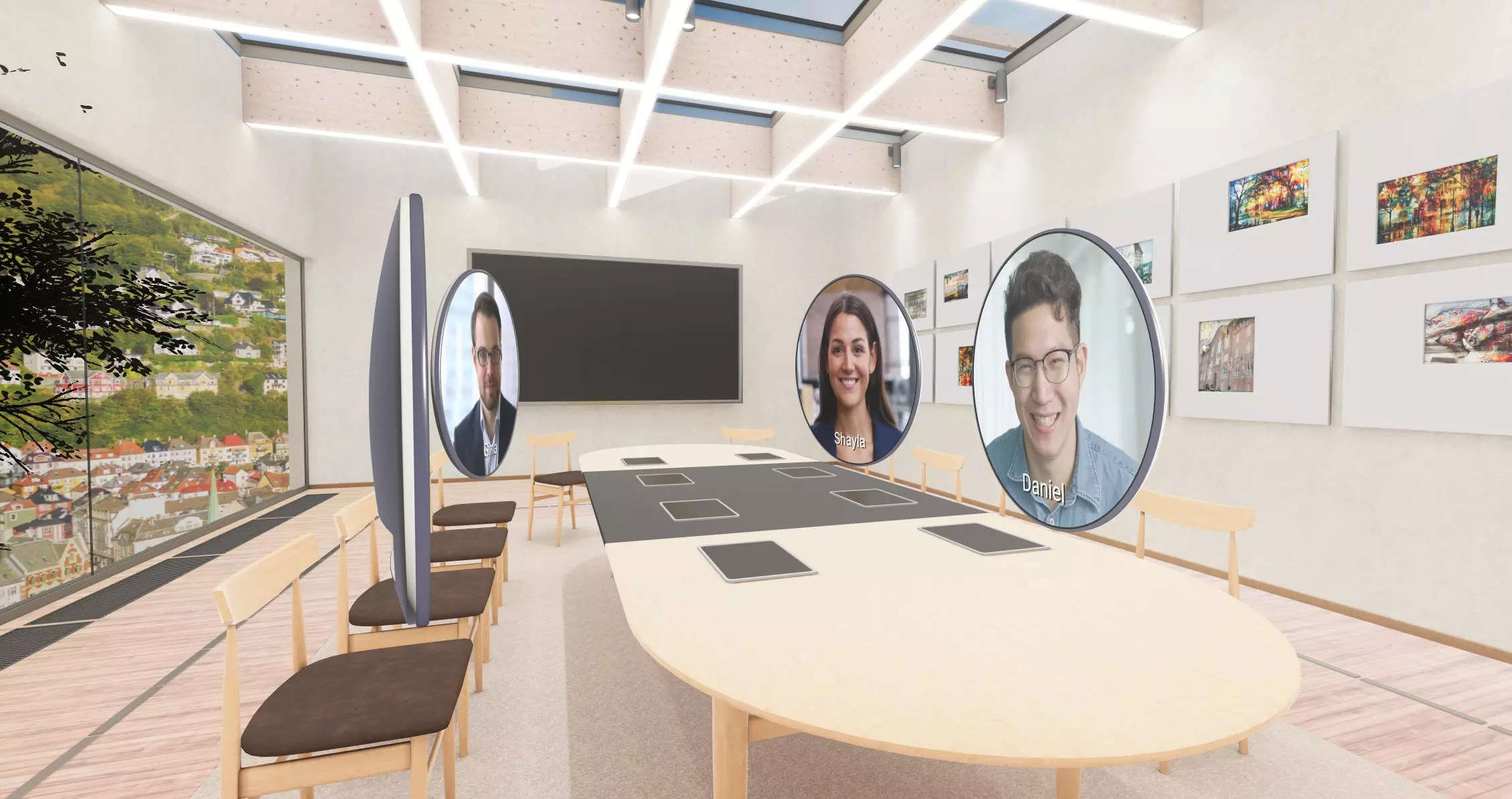 Video feeds of people seated around a virtual conference room