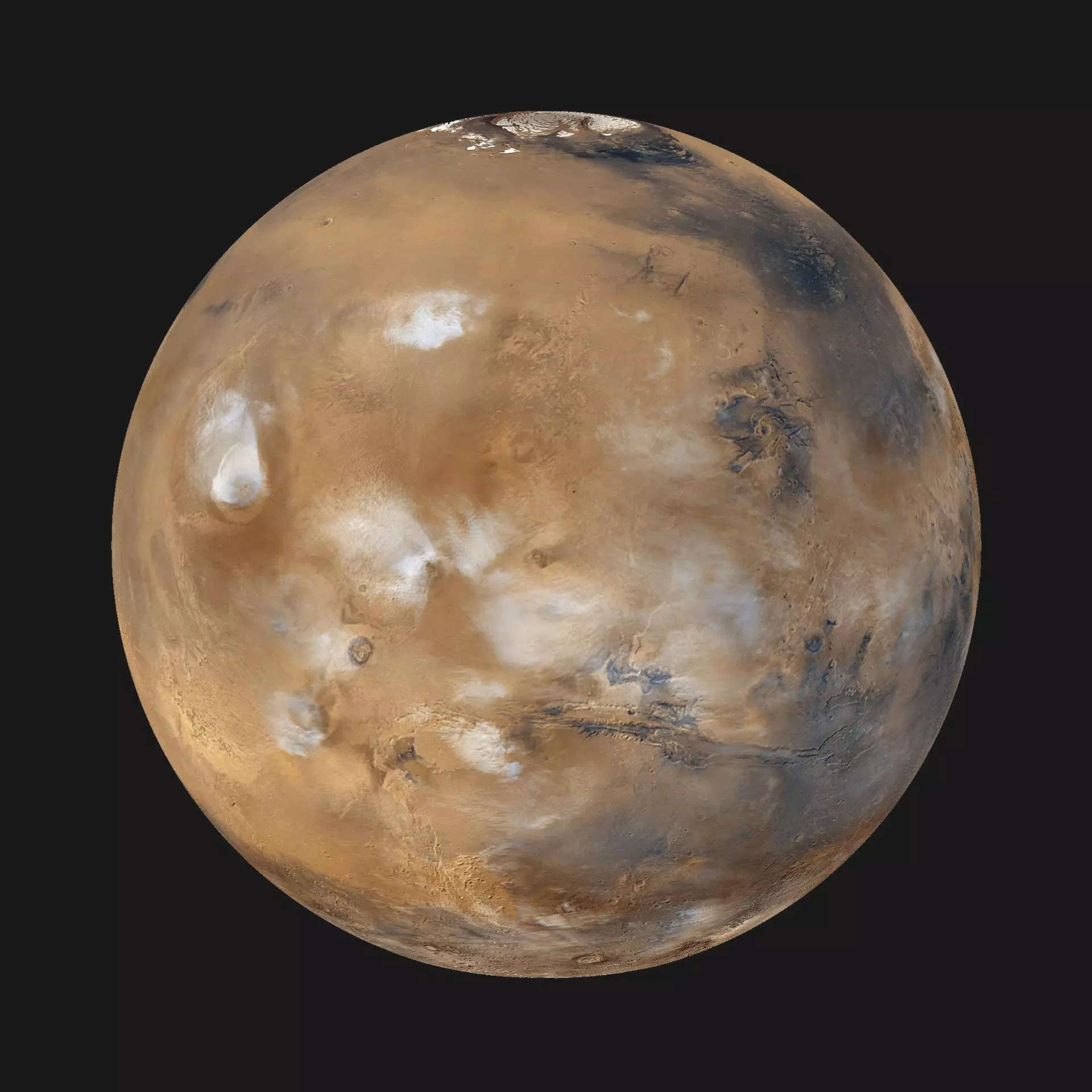 mars brown planet with blue-black and white splotches in the black of space