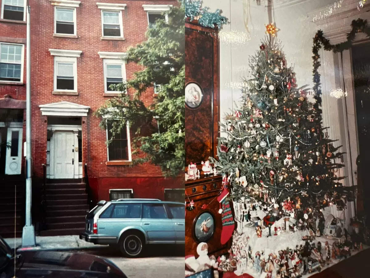 Side-by-side pictures of the brownstone from decades ago.