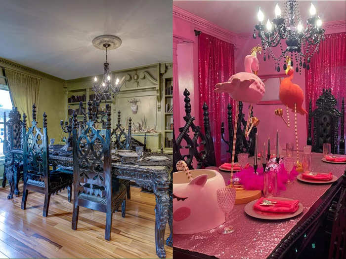 The original black dining room and chairs have remained with a couple of new pink features.