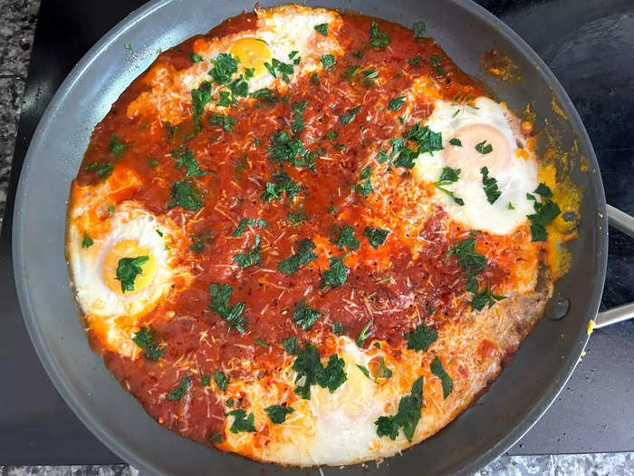 My easy eggs in purgatory were ready! And they looked stunning in the pan.