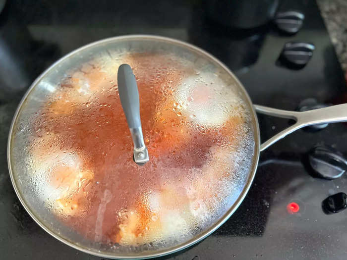 I then added the rest of my eggs, making sure to place them on opposite sides of the pan.