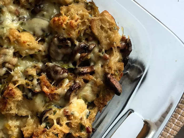 Mushroom-and-leek bread pudding is packed with flavor. 