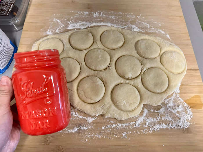 Hollywood advises using a "scone cutter" to cut out rounds of dough, but I made do with a mason jar. 