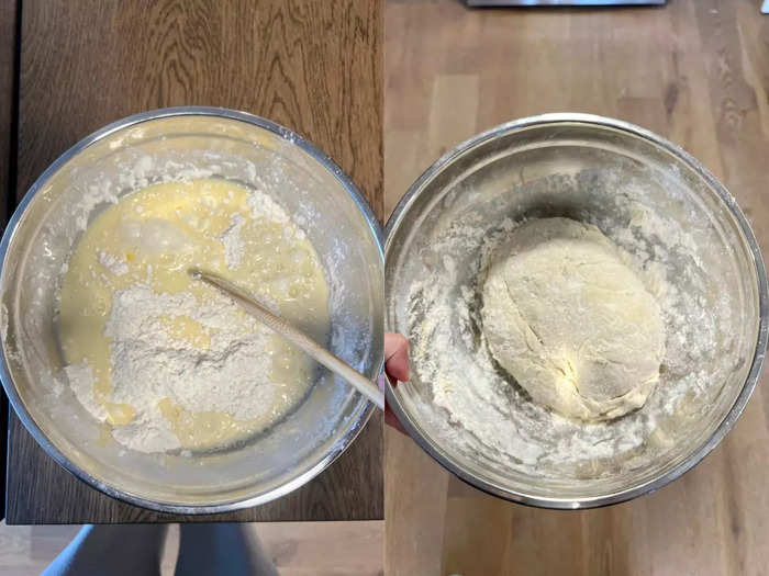 Then it was time to add some liquids and the sugar before mixing everything together until it resembled a giant dough ball. 