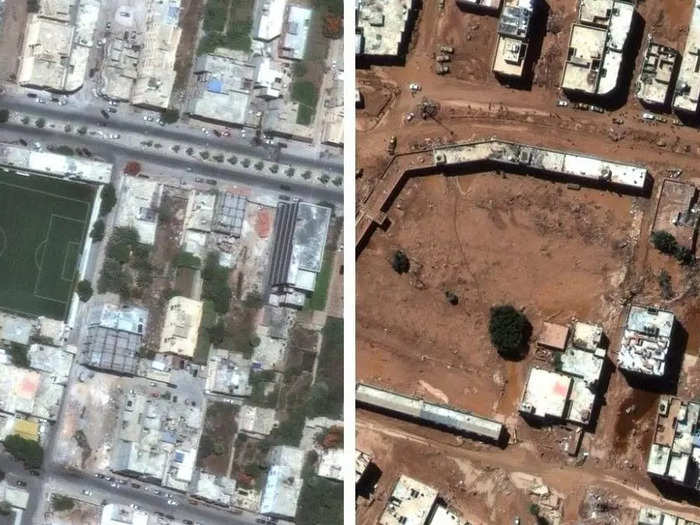 Aerial shots of Derna show the devastating impact of the floods, erasing roads and burying cars, making it harder to evacuate the city.