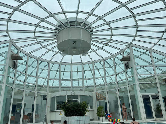 The indoor pool was gorgeous, housed in a circular glass building with a skylight, and the water was a comfortable temperature.