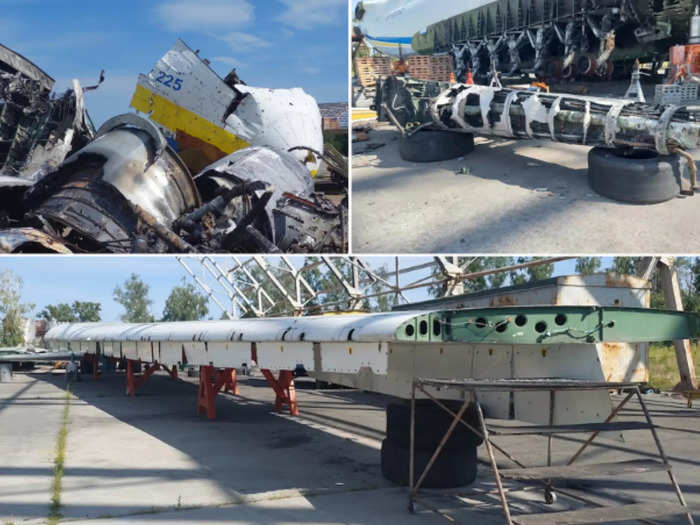 Other photos show the engine-less wings and a few wrecked powerplants sitting adjacent to the An-225, among other parts.