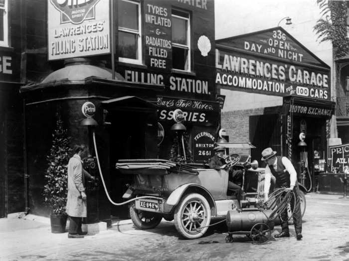 Gas stations used to look like main street-style buildings with curbside gas pumps.