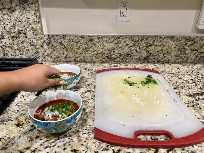 Then I add a handful of white onion on each, and a sprinkle of cilantro.