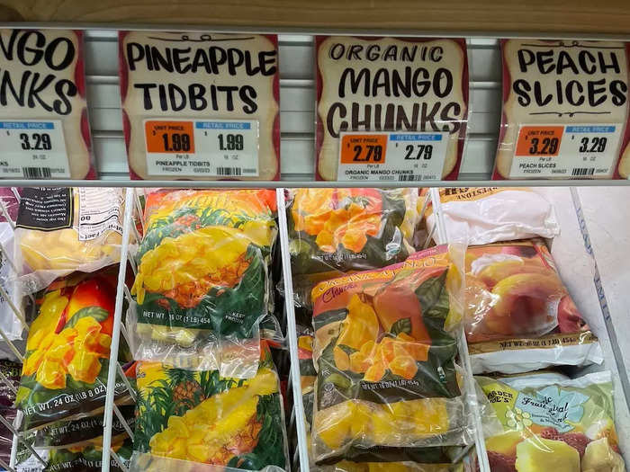 I also use frozen fruit every day — for smoothies in the summer or oatmeal in the winter — so I always stock up on bags of mango and berries at Trader Joe