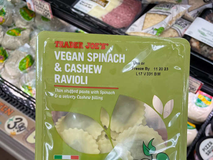 From the refrigerated section, I grab the vegan spinach-and-cashew ravioli for a quick-and-easy weeknight meal.