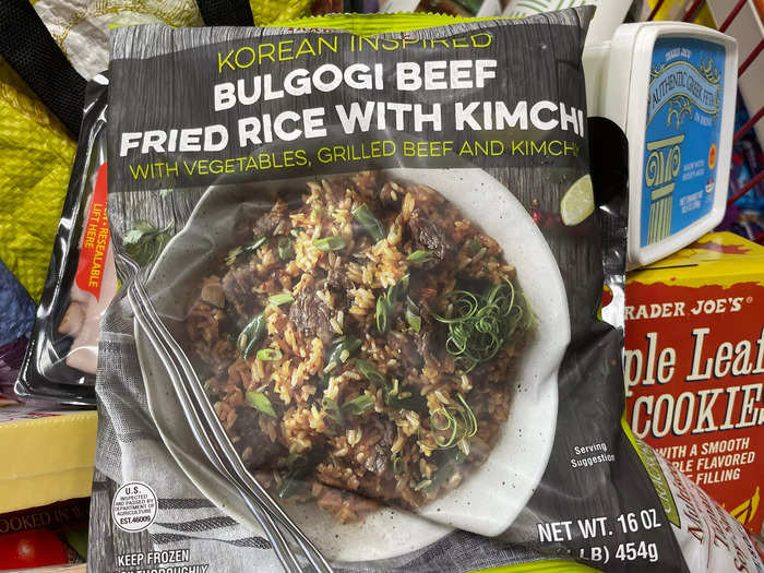 Frozen bulgogi-beef fried rice with kimchi is probably our son