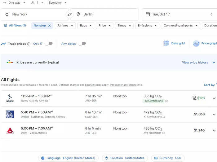 For example, a one-way flight from an NYC-area airport to Berlin on October 17 is about $200 on Norse — it