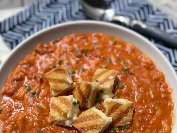 Tomato soup with grilled-cheese croutons is the ultimate comfort food.