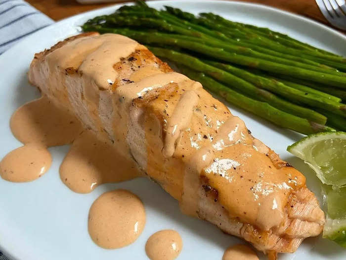 Seared salmon with spicy red-pepper aioli is easy and tasty.