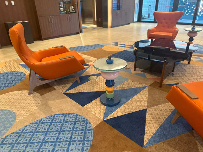 The lobby has mid-century and contemporary influences.