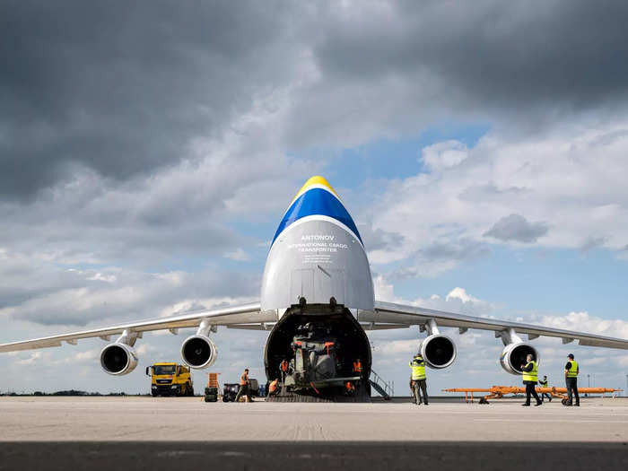 Designed to carry awkward and oversized objects, the huge planes are powered by four Ukrainian-made Progress D-18T engines and sport a total of 24 wheels.