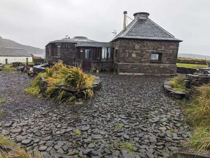 This unique-looking house was surrounded by slate.