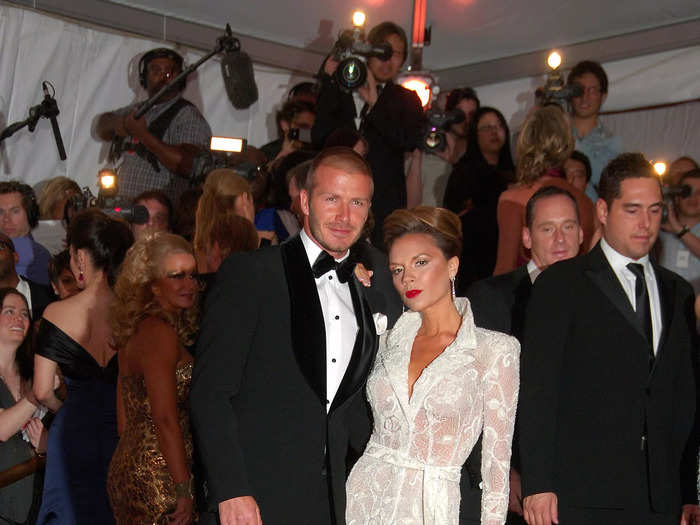 For their first Met Gala outing as a couple in 2008, the Beckhams wore glamorous Giorgio Armani looks.