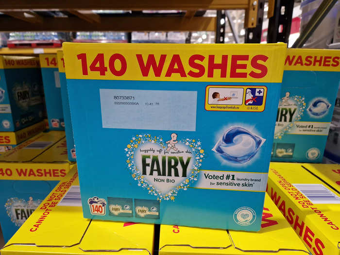 A box of 140 Fairy laundry pods does the job.