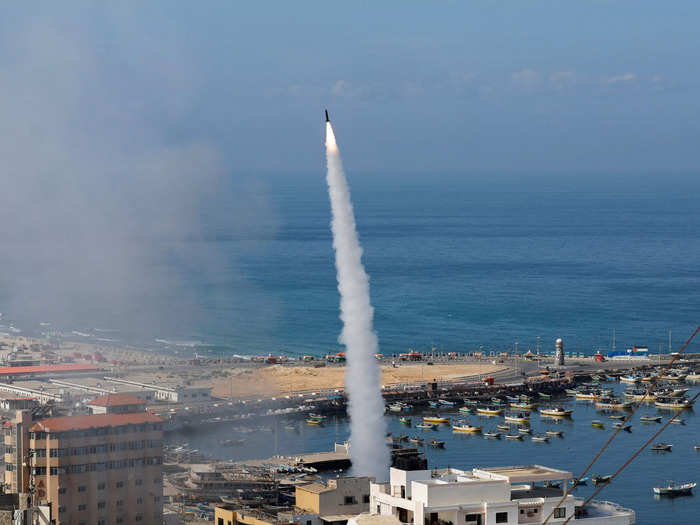 1. A rocket being fired by Palestinian militants into Israel.