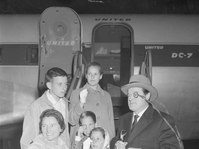 Comedian Bob Hope was greeted by his wife and their four children as he arrived in Los Angeles in 1956.