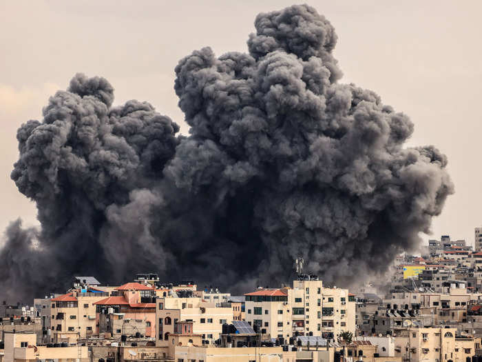 Plumes of black smoke covered the skies above Gaza on Monday.