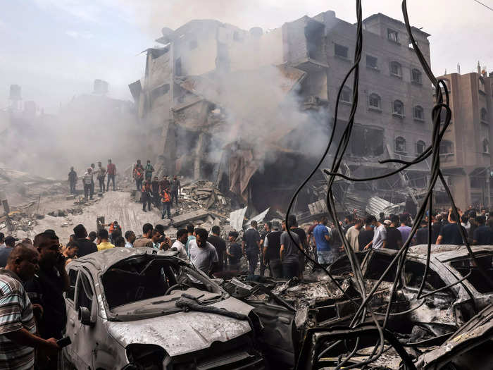 An Israeli airstrike hit a refugee camp in Gaza, destroying a busy shopping center as well as surrounding buildings and cars.