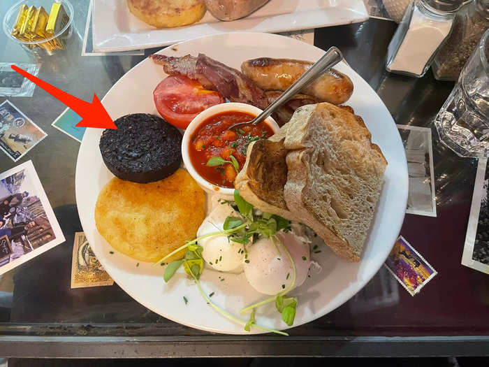 I tried black pudding during breakfast in Scotland.