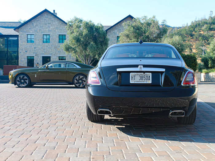 Other features that set the Ghost apart from regular luxury cars: Center caps on the wheels that stay upright even when the car is in motion, rear-hinged rear doors, and umbrellas in the doors. 