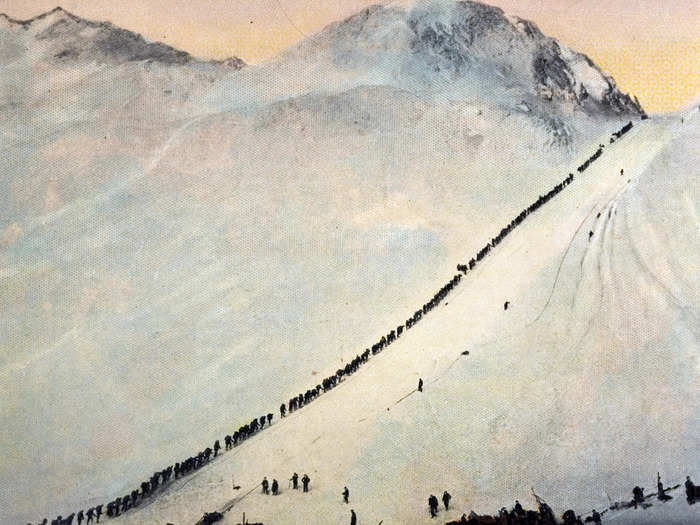 1896: The Klondike Gold Rush started in 1896. Thousands of prospectors trekked through the Chilkoot Pass, seen here, leading from Dyea, Alaska, to Bennett Lake, Canada.