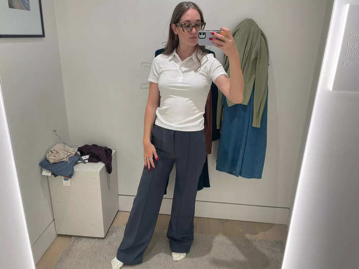 I tried the wide-leg pants and a classic white polo.