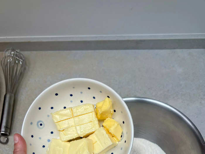 I then added softened butter and worked it into the dry ingredients using my hands.