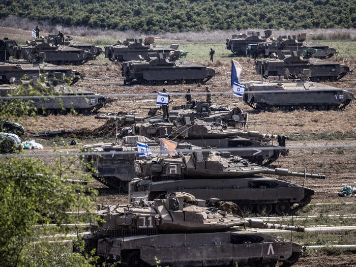 A fleet of Israeli armored vehicles on Israel