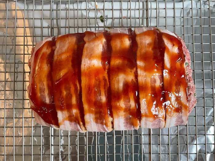 Drummond called for wrapping the meat loaf with bacon and a homemade sauce.